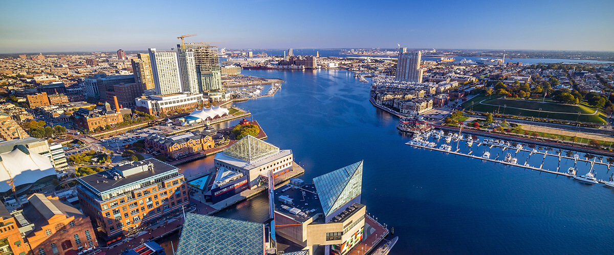 aerial view of baltimores inner harbor