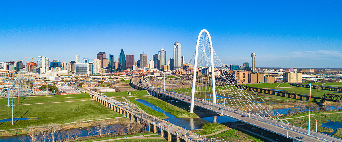 Aerial view of Dallas, TX skyline and suspension bridge