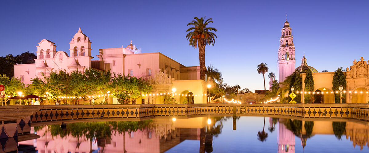 Sunset view of Balboa Park in San Diego, CA