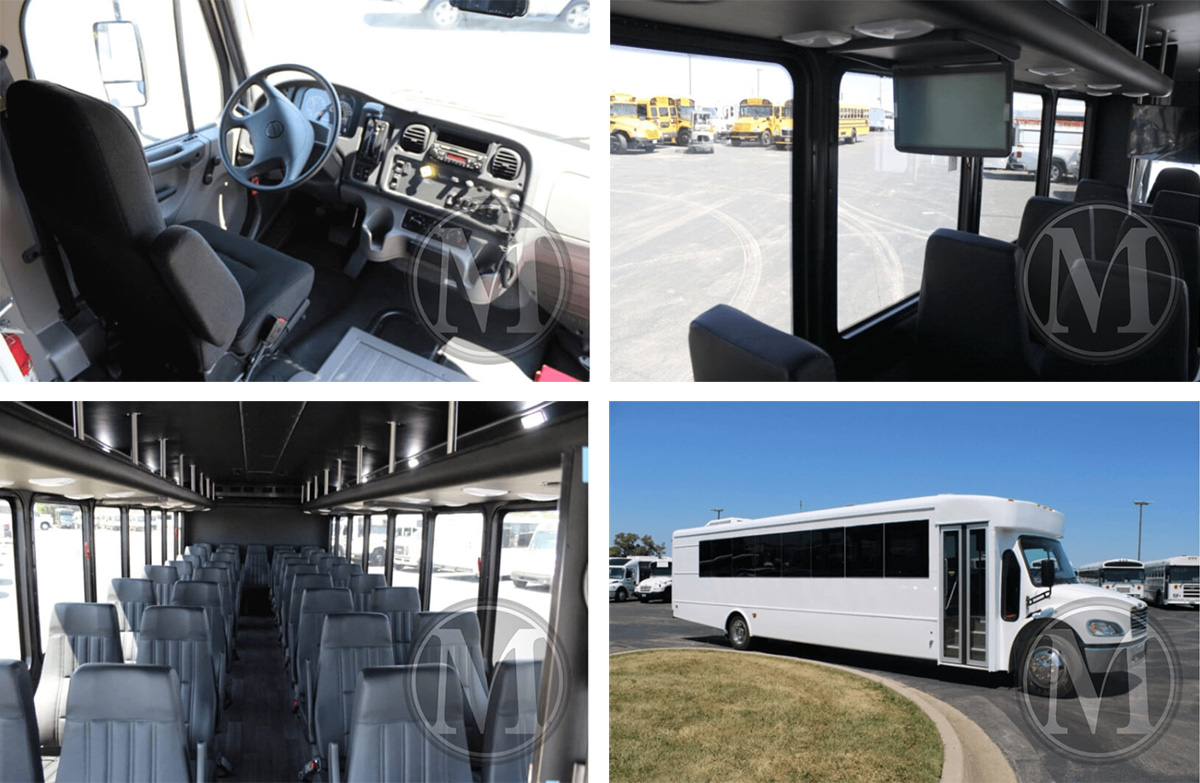 Interior and exterior features on 35 passenger shuttle bus for sale