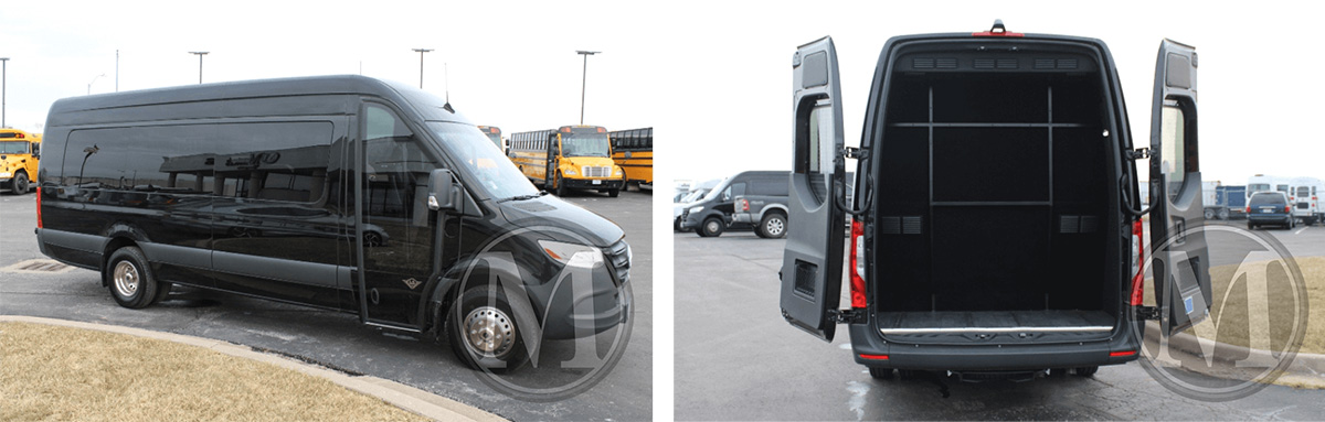 Exterior view of 2024 black Mercedes Sprinter van for sale at Master's Transportation