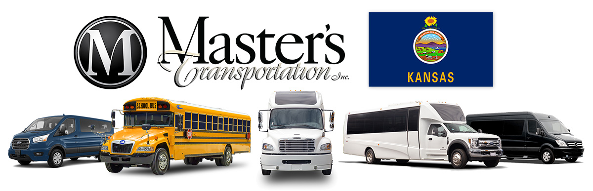 Group of buses for sale underneath the Kansas state flag and Master's Transportation logo